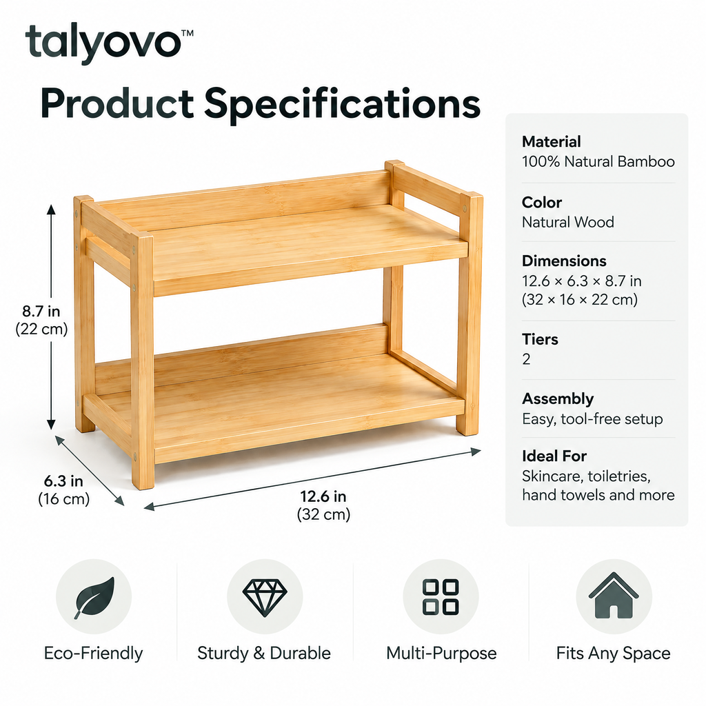 talyovo™ Bamboo Bathroom Countertop Organizer, 2-Tier — Vanity Shelf for Skincare, Toiletries & Hand Towels