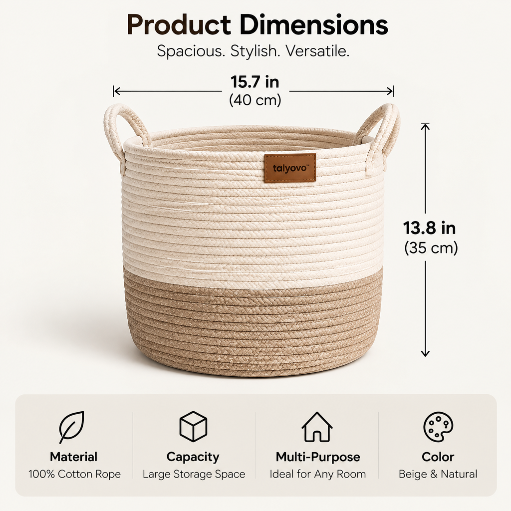 talyovo™ Cotton Rope Storage Basket with Handles — Decorative Blanket, Towel & Living Room Organizer