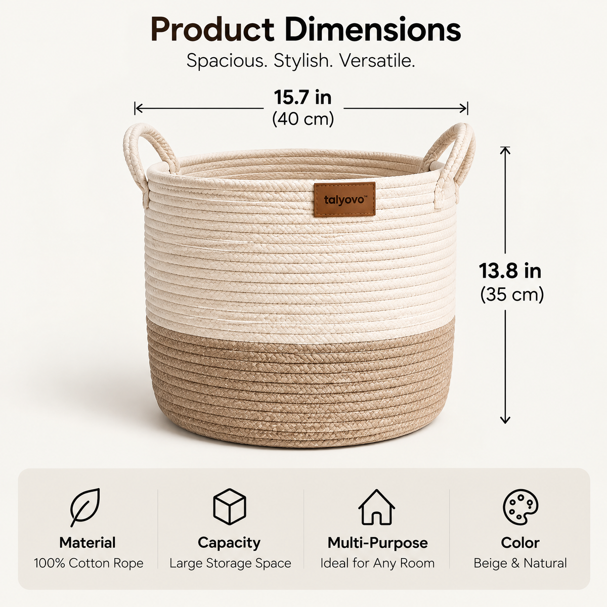 talyovo™ Cotton Rope Storage Basket with Handles — Decorative Blanket, Towel & Living Room Organizer