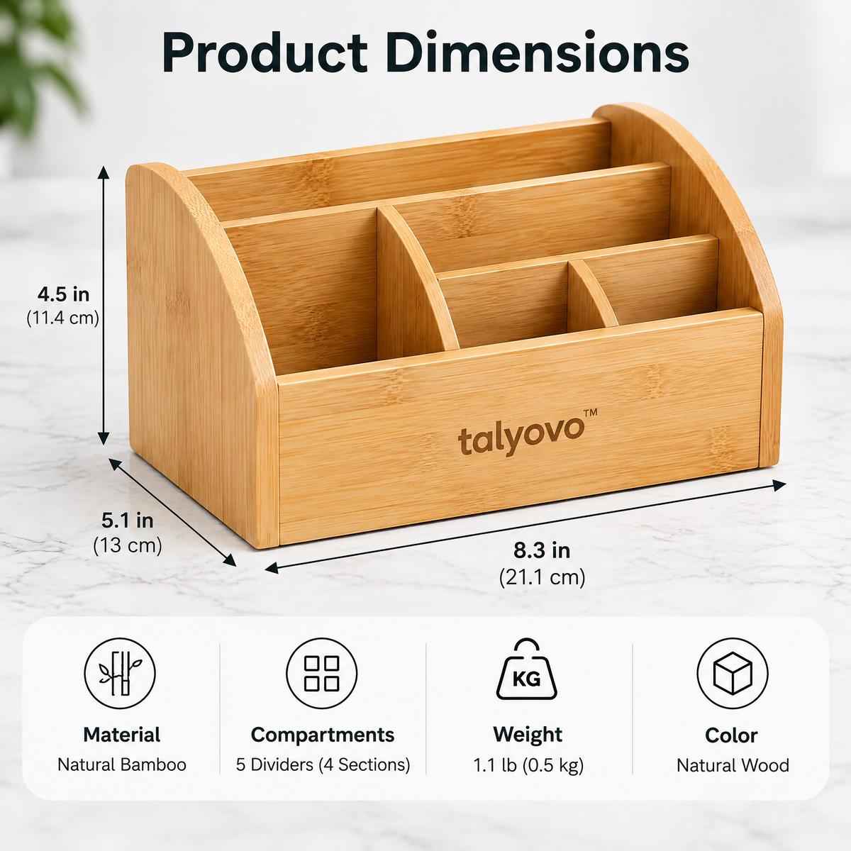 talyovo™ Bamboo Remote Control Caddy with Dividers — Tabletop Organizer for Living Room & Home Office