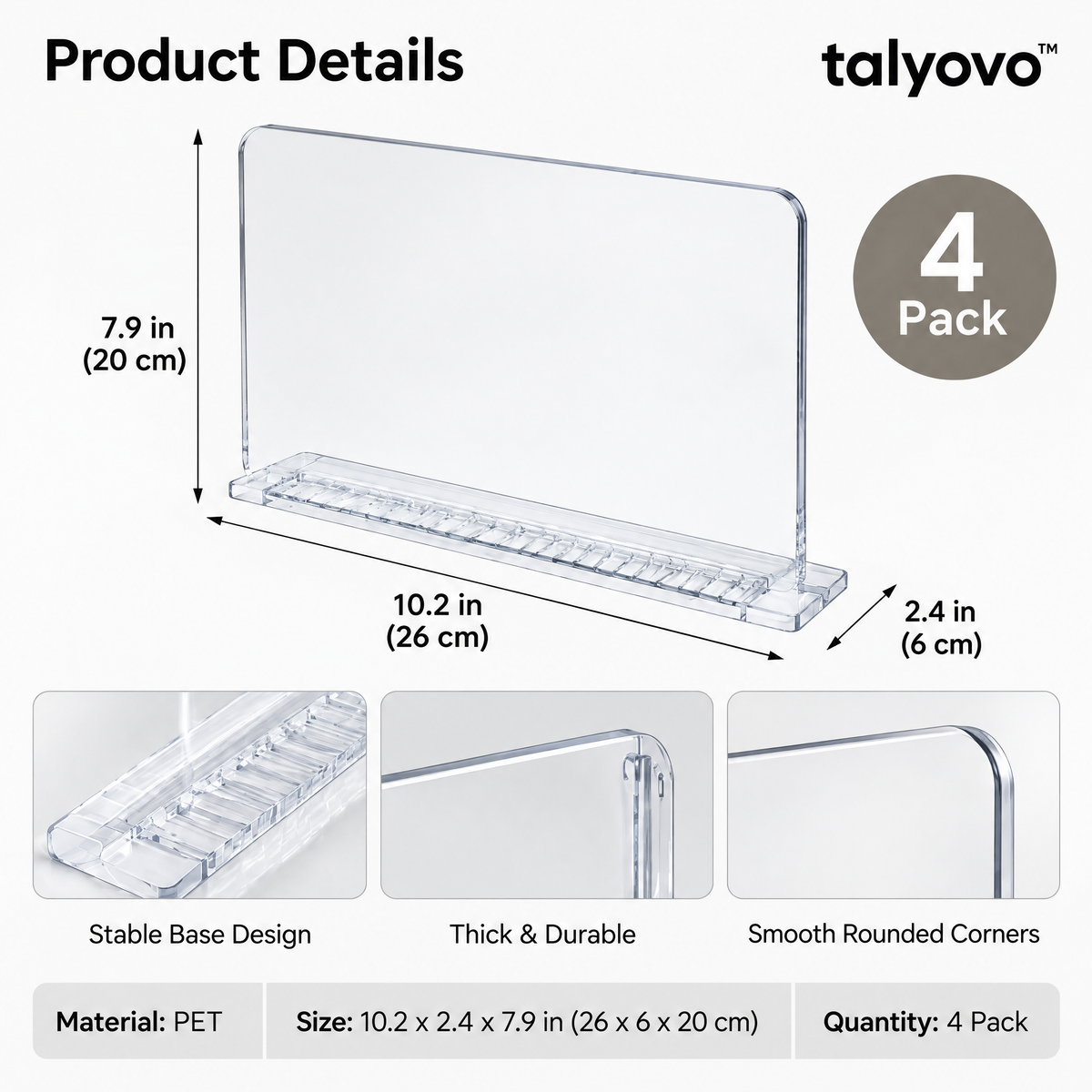talyovo™ Shelf Dividers for Closet Organization, 4-Pack — Clear Separators for Sweaters, Towels & Handbags