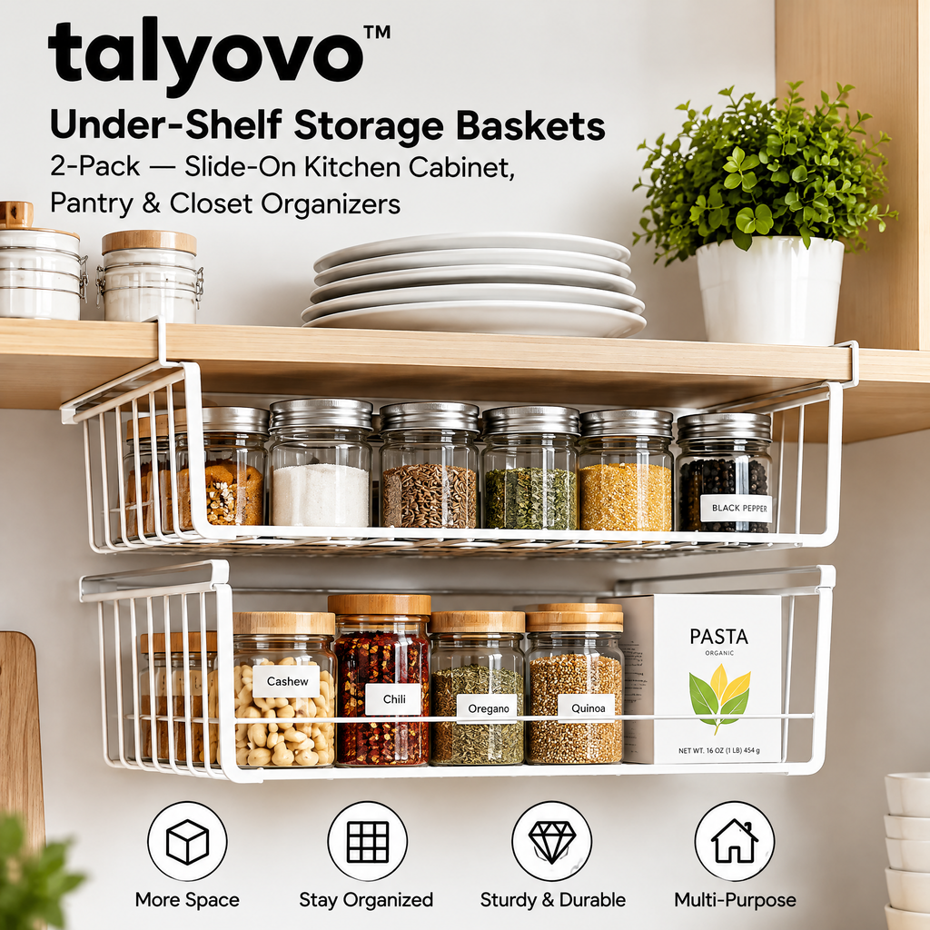 talyovo™ Under-Shelf Storage Baskets, 2-Pack — Slide-On Kitchen Cabinet, Pantry & Closet Organizers