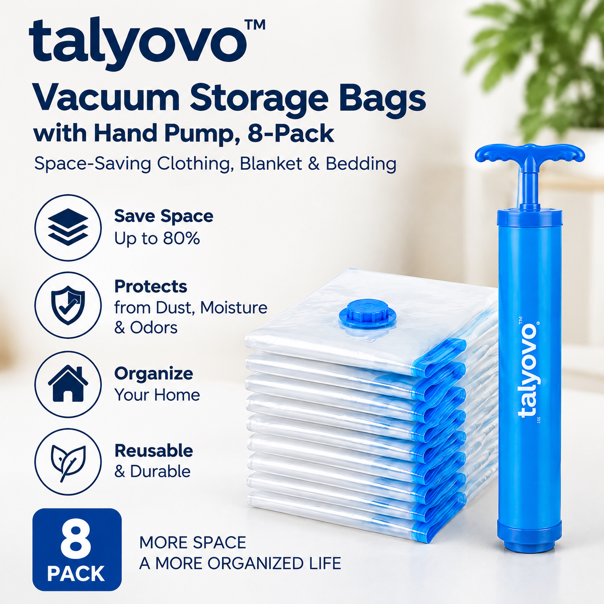 talyovo™ Vacuum Storage Bags with Hand Pump, 8-Pack — Space-Saving Clothing, Blanket & Bedding Organizers