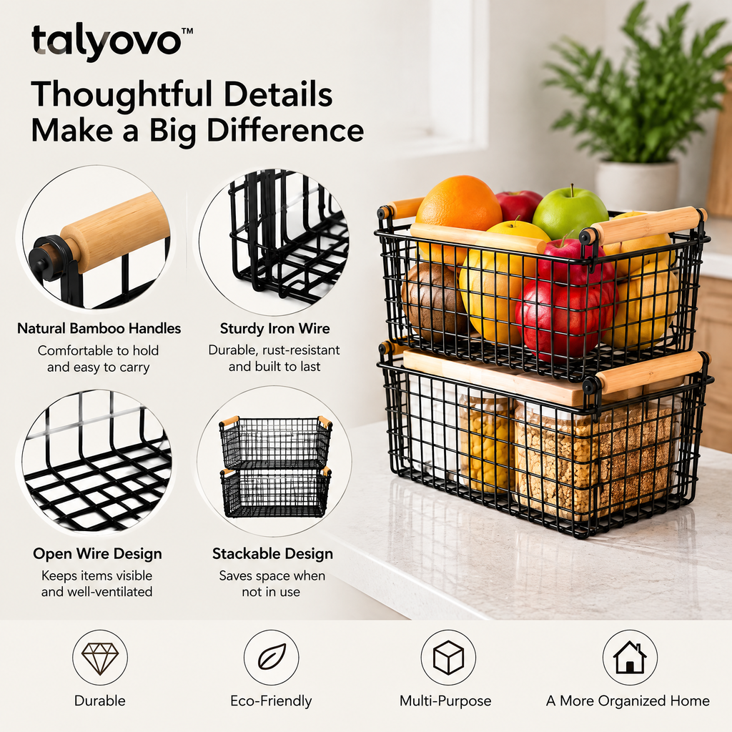 talyovo™ Wire Pantry Storage Baskets with Bamboo Handles, 2-Pack — Kitchen Cabinet & Countertop Organizers
