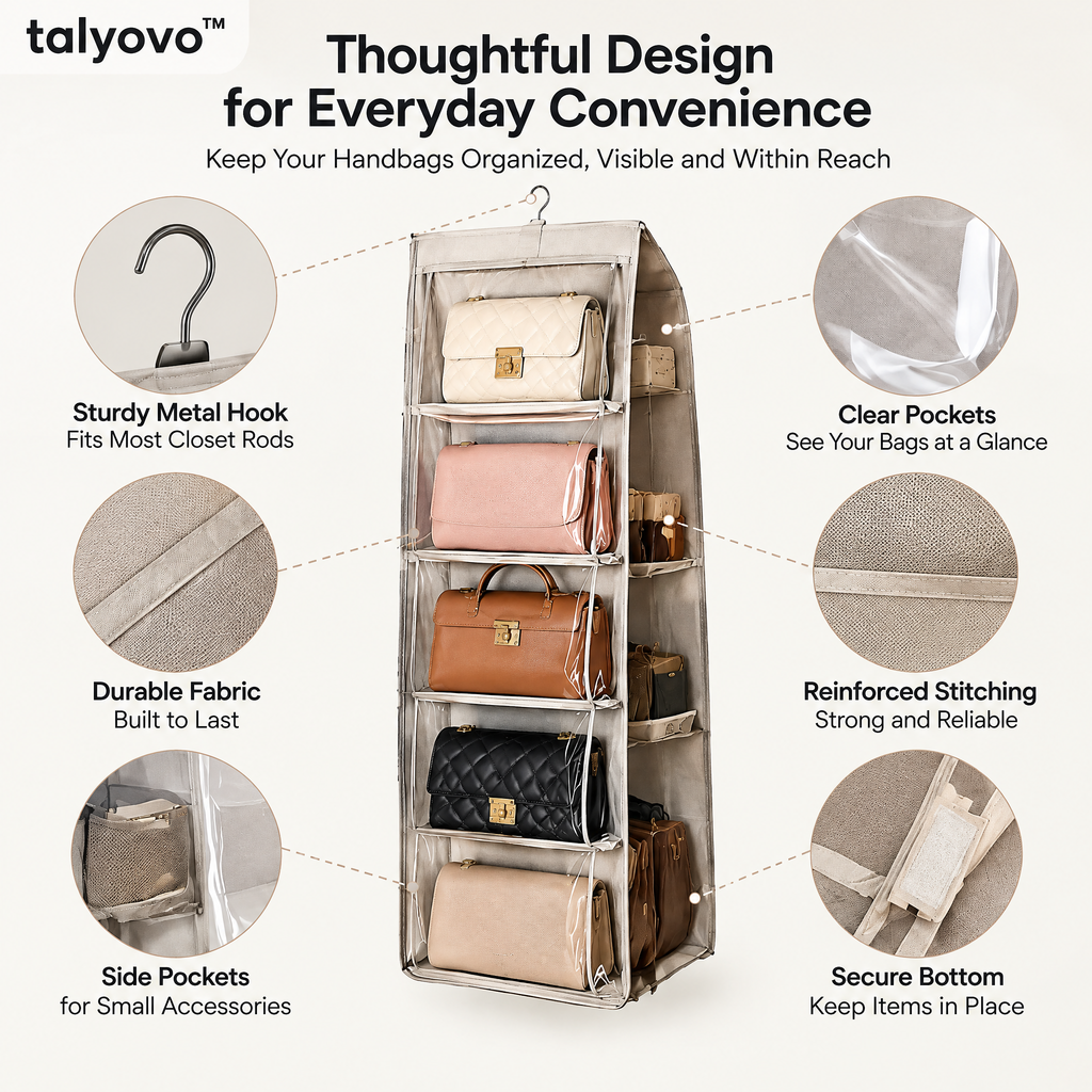 talyovo™ Hanging Handbag Organizer with Clear Pockets — Closet Purse, Clutch & Accessory Storage