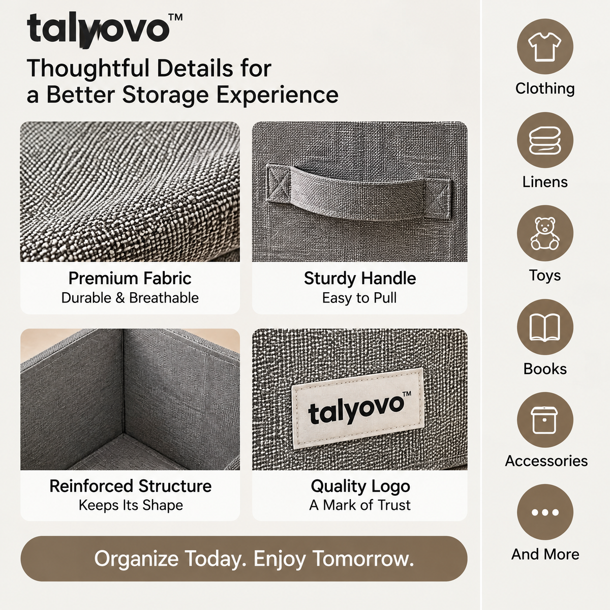 talyovo™ Lidded Fabric Storage Boxes, 2-Pack — Stackable Shelf Organizers for Clothing, Linens & Home Accessories