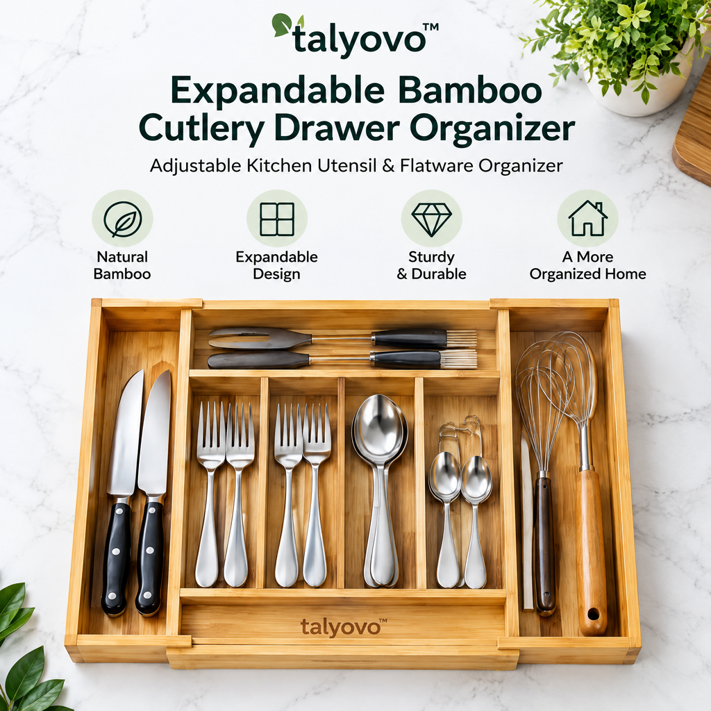 talyovo™ Expandable Bamboo Cutlery Drawer Organizer — Adjustable Kitchen Utensil & Flatware Tray