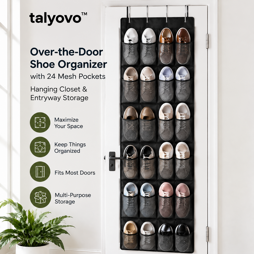 talyovo™ Over-the-Door Shoe Organizer with 24 Mesh Pockets — Hanging Closet & Entryway Storage