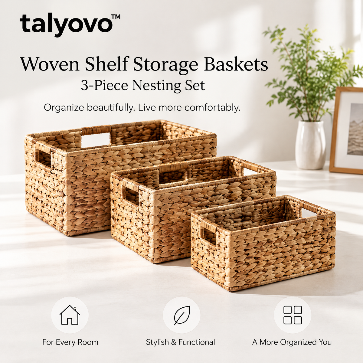 talyovo™ Woven Shelf Storage Baskets, 3-Piece Nesting Set — Decorative Closet, Entryway & Living Room Bins
