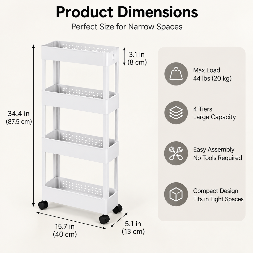 talyovo™ Slim 4-Tier Rolling Storage Cart — Narrow Kitchen, Bathroom & Laundry Room Organizer