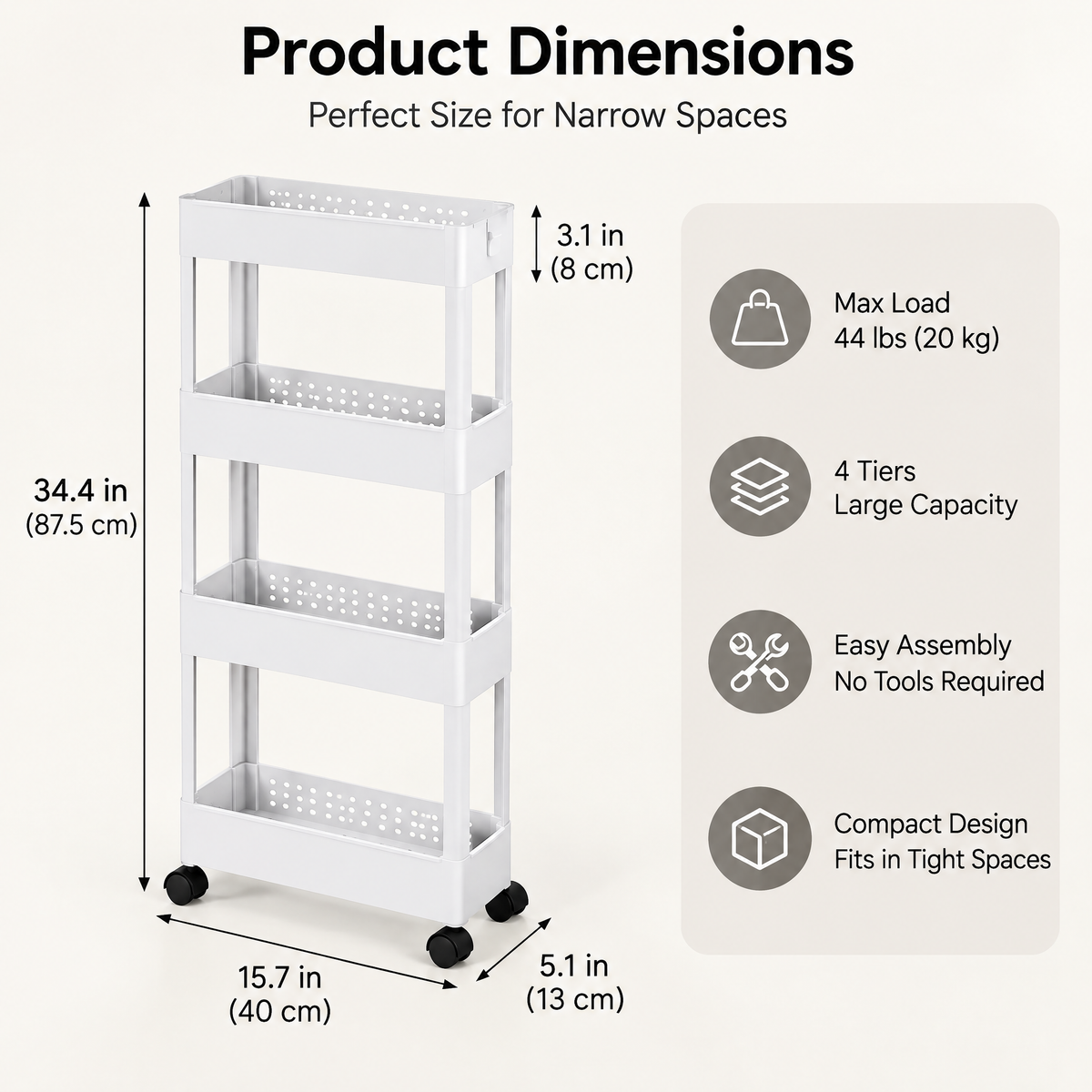 talyovo™ Slim 4-Tier Rolling Storage Cart — Narrow Kitchen, Bathroom & Laundry Room Organizer