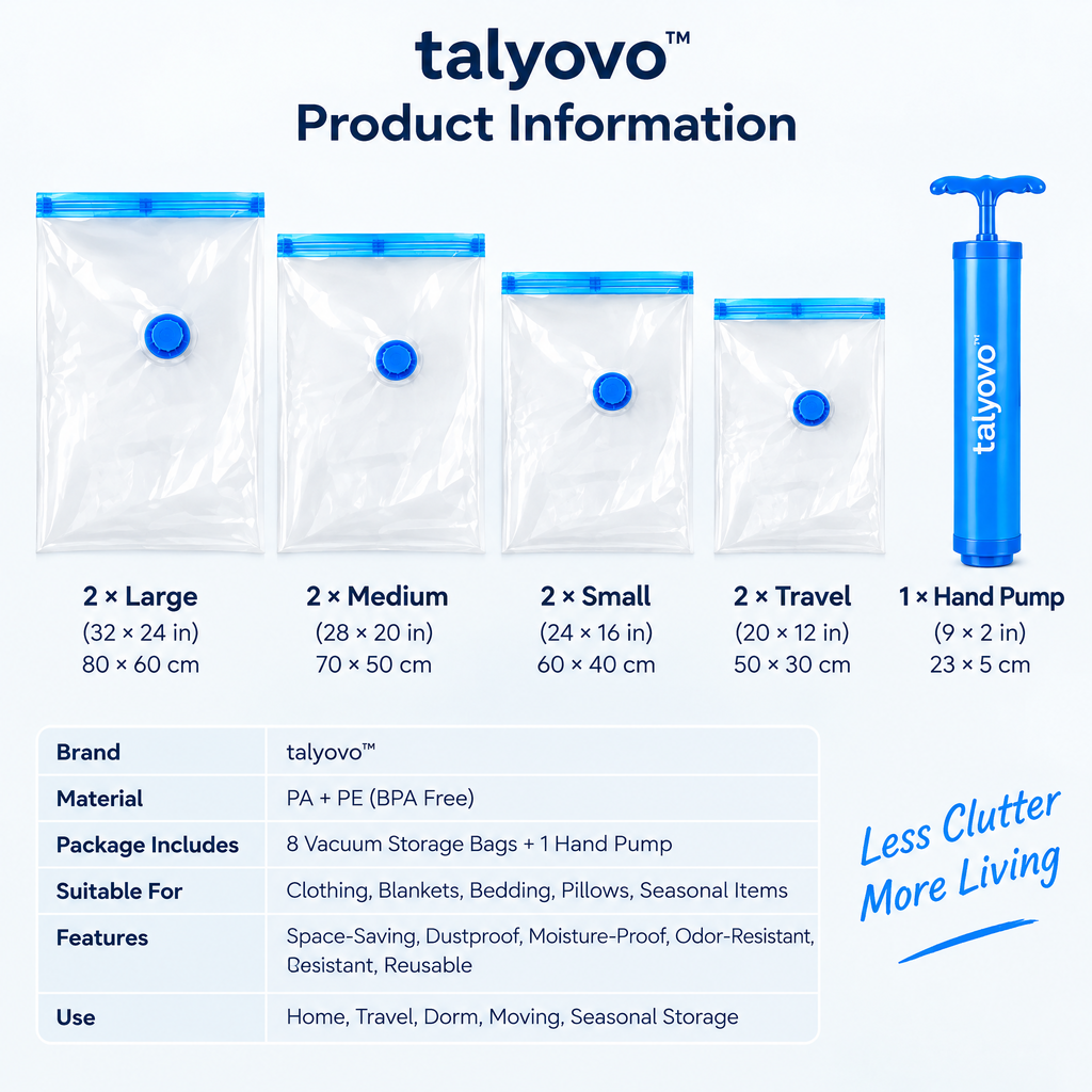 talyovo™ Vacuum Storage Bags with Hand Pump, 8-Pack — Space-Saving Clothing, Blanket & Bedding Organizers
