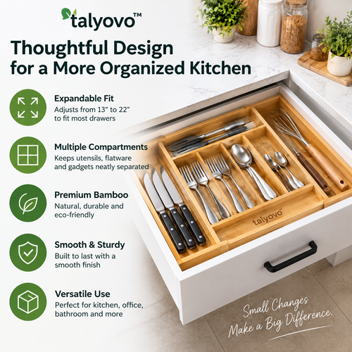talyovo™ Expandable Bamboo Cutlery Drawer Organizer — Adjustable Kitchen Utensil & Flatware Tray