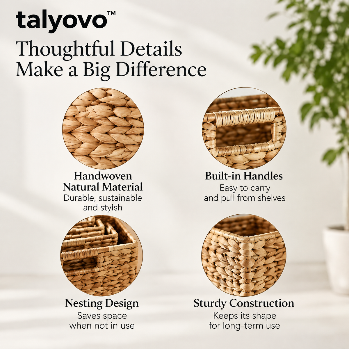 talyovo™ Woven Shelf Storage Baskets, 3-Piece Nesting Set — Decorative Closet, Entryway & Living Room Bins