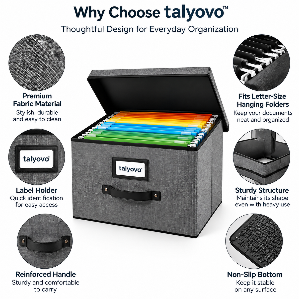 talyovo™ Fabric Hanging File Storage Box with Lid — Letter-Size Home Office Document Organizer
