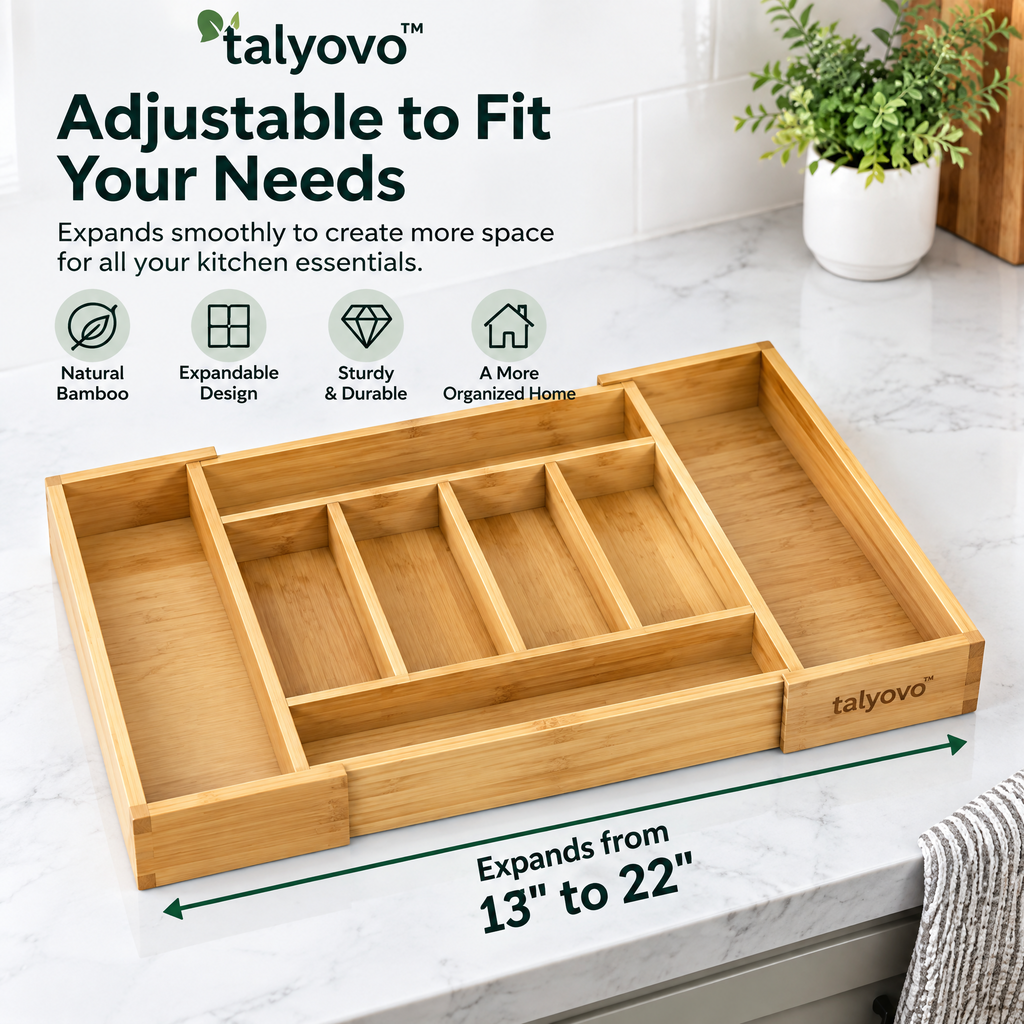 talyovo™ Expandable Bamboo Cutlery Drawer Organizer — Adjustable Kitchen Utensil & Flatware Tray