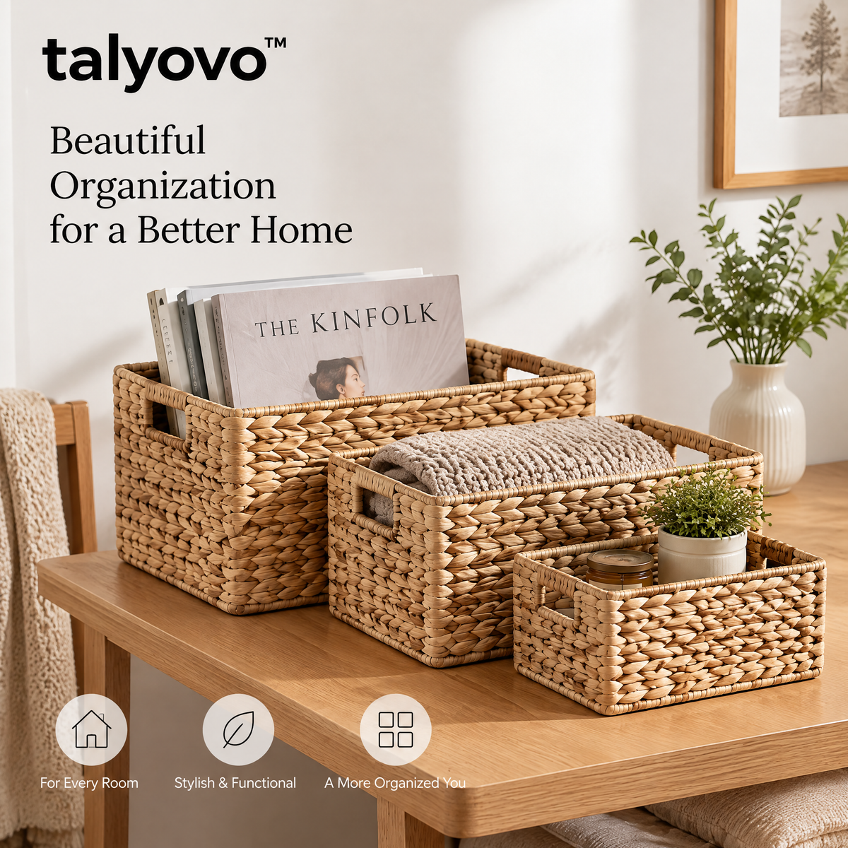 talyovo™ Woven Shelf Storage Baskets, 3-Piece Nesting Set — Decorative Closet, Entryway & Living Room Bins
