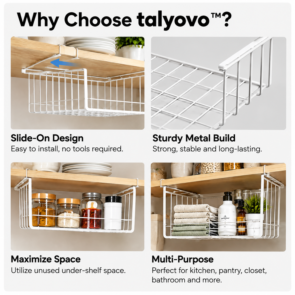 talyovo™ Under-Shelf Storage Baskets, 2-Pack — Slide-On Kitchen Cabinet, Pantry & Closet Organizers