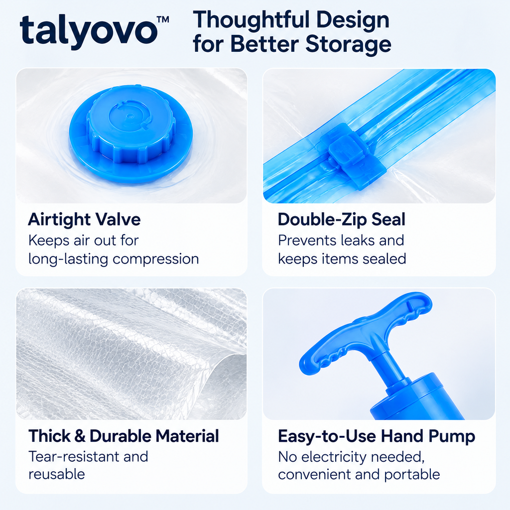 talyovo™ Vacuum Storage Bags with Hand Pump, 8-Pack — Space-Saving Clothing, Blanket & Bedding Organizers