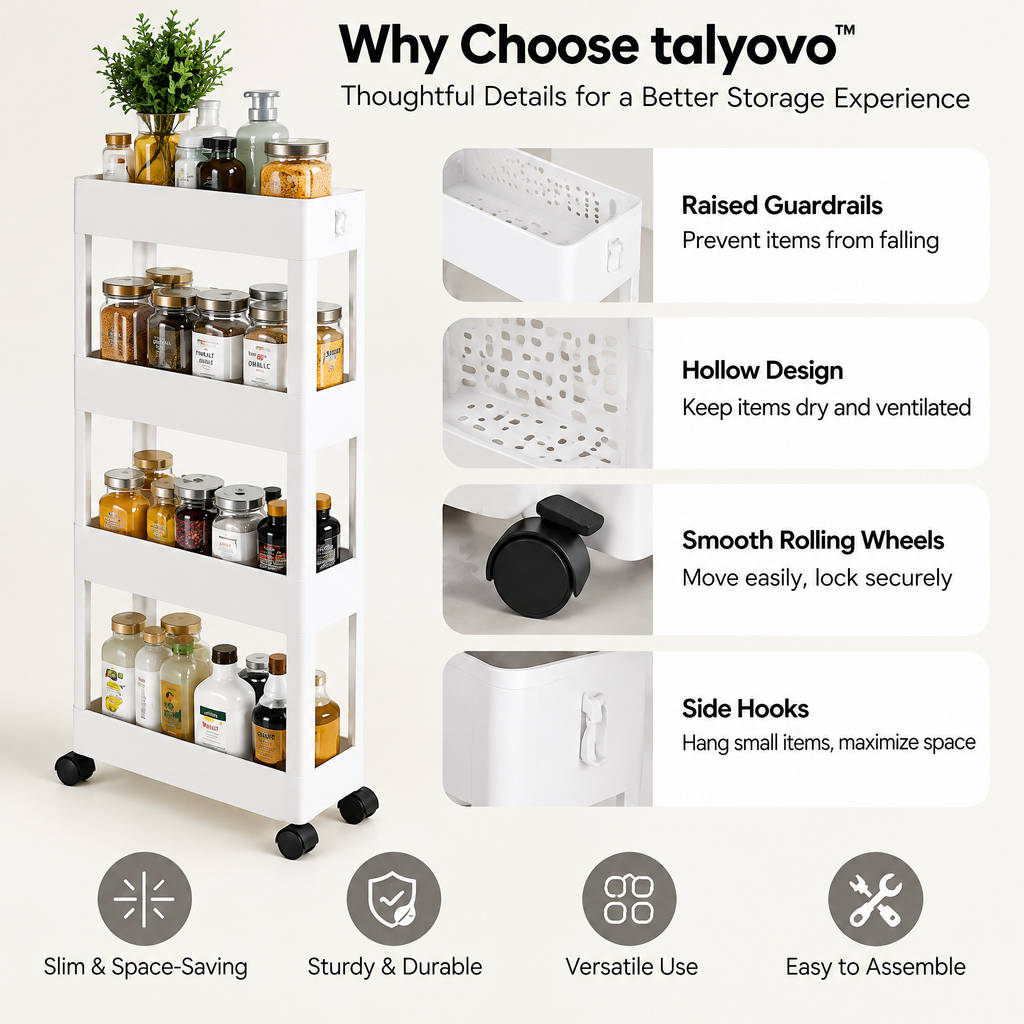 talyovo™ Slim 4-Tier Rolling Storage Cart — Narrow Kitchen, Bathroom & Laundry Room Organizer