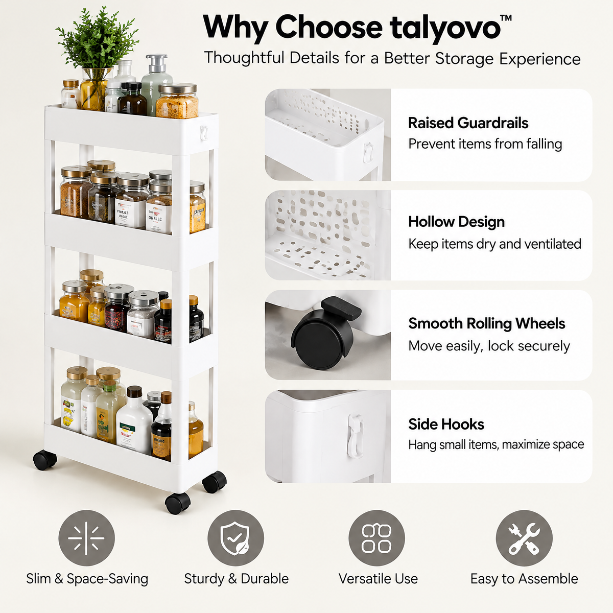 talyovo™ Slim 4-Tier Rolling Storage Cart — Narrow Kitchen, Bathroom & Laundry Room Organizer