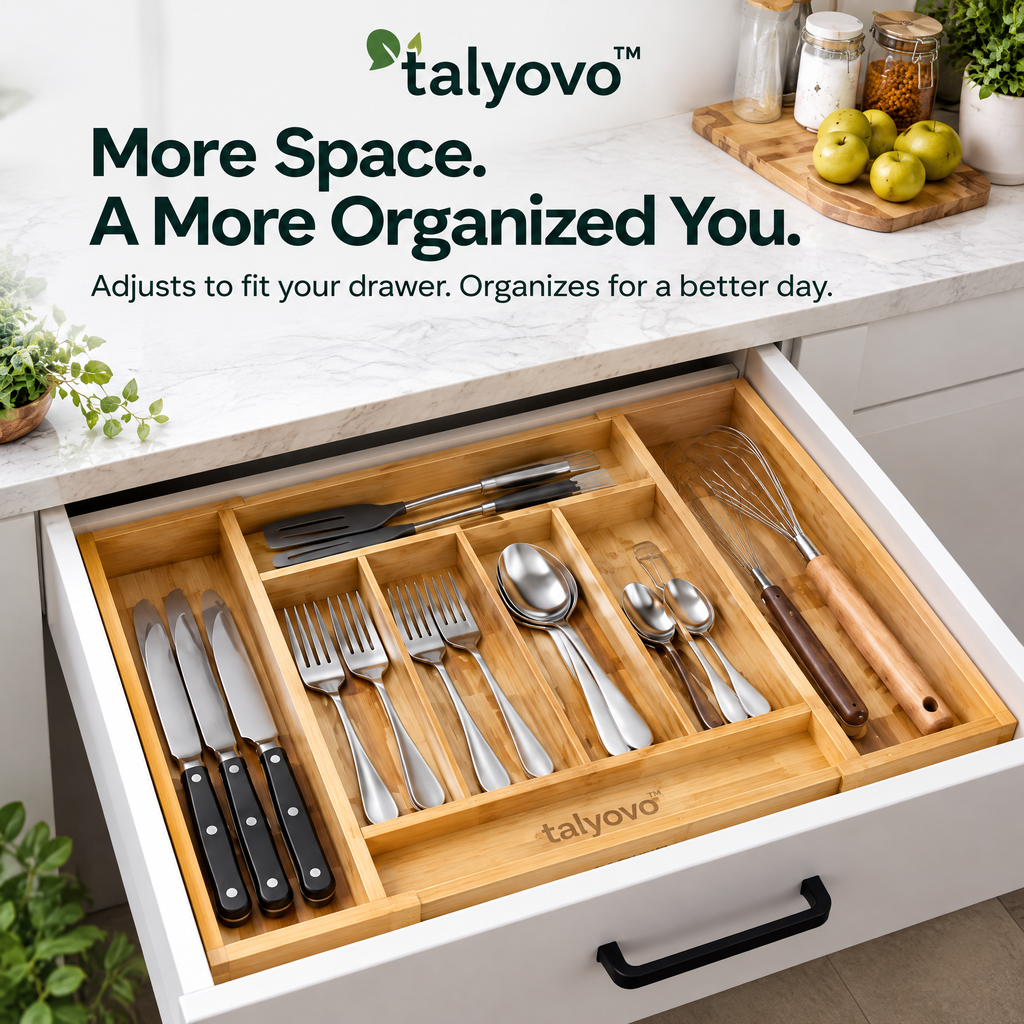 talyovo™ Expandable Bamboo Cutlery Drawer Organizer — Adjustable Kitchen Utensil & Flatware Tray