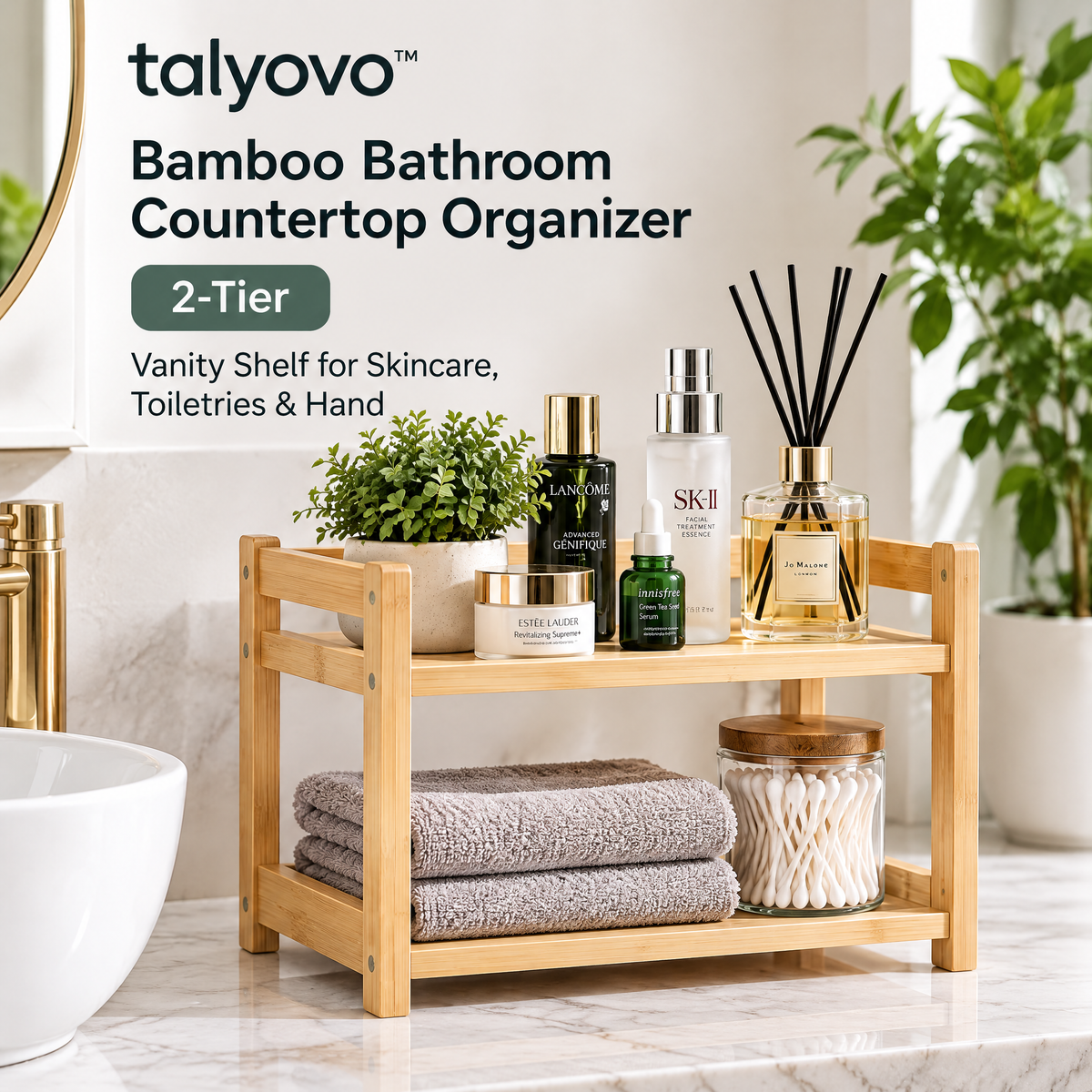 talyovo™ Bamboo Bathroom Countertop Organizer, 2-Tier — Vanity Shelf for Skincare, Toiletries & Hand Towels