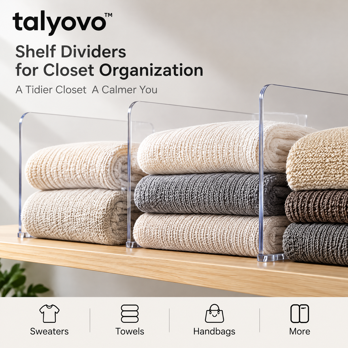 talyovo™ Shelf Dividers for Closet Organization, 4-Pack — Clear Separators for Sweaters, Towels & Handbags