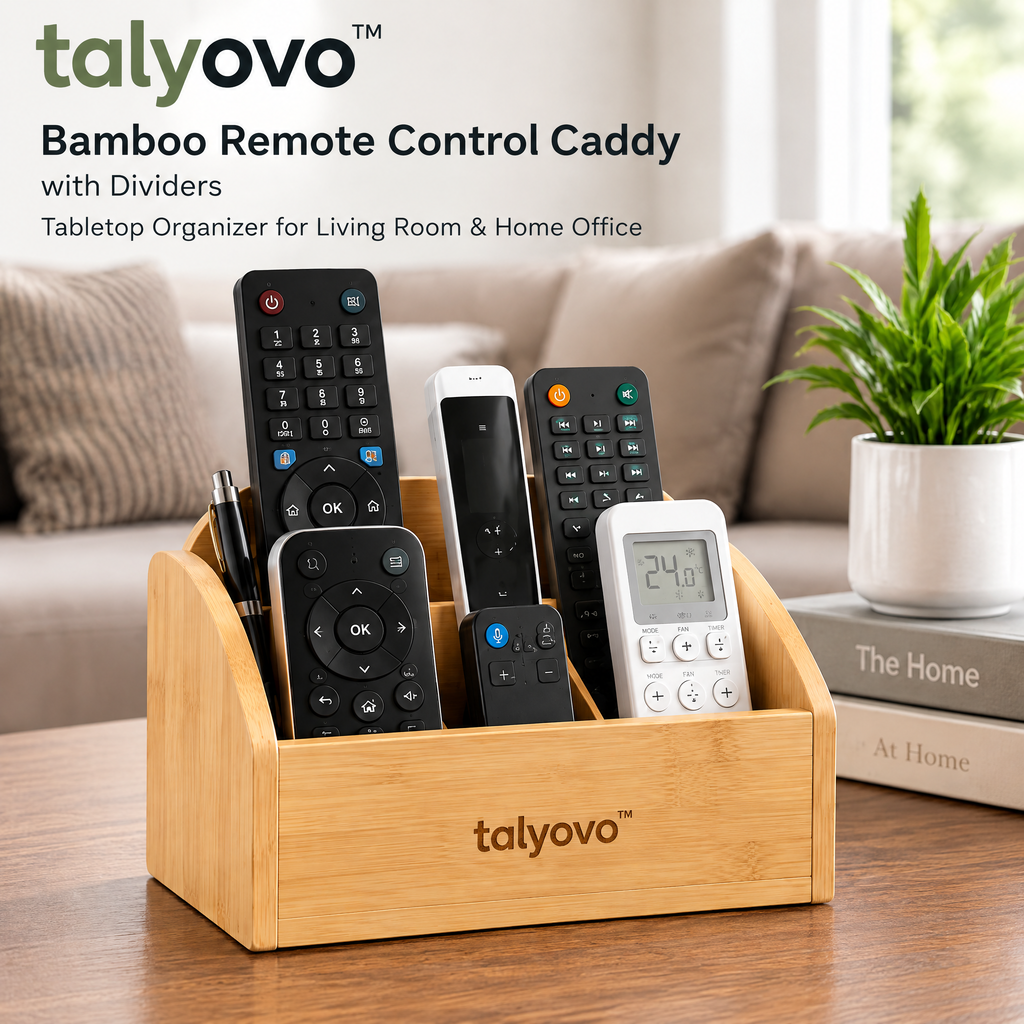 talyovo™ Bamboo Remote Control Caddy with Dividers — Tabletop Organize