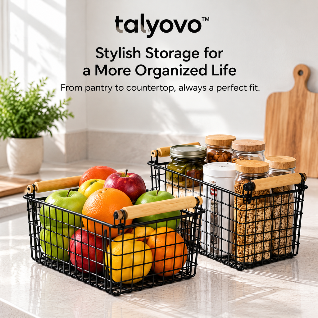 talyovo™ Wire Pantry Storage Baskets with Bamboo Handles, 2-Pack — Kitchen Cabinet & Countertop Organizers