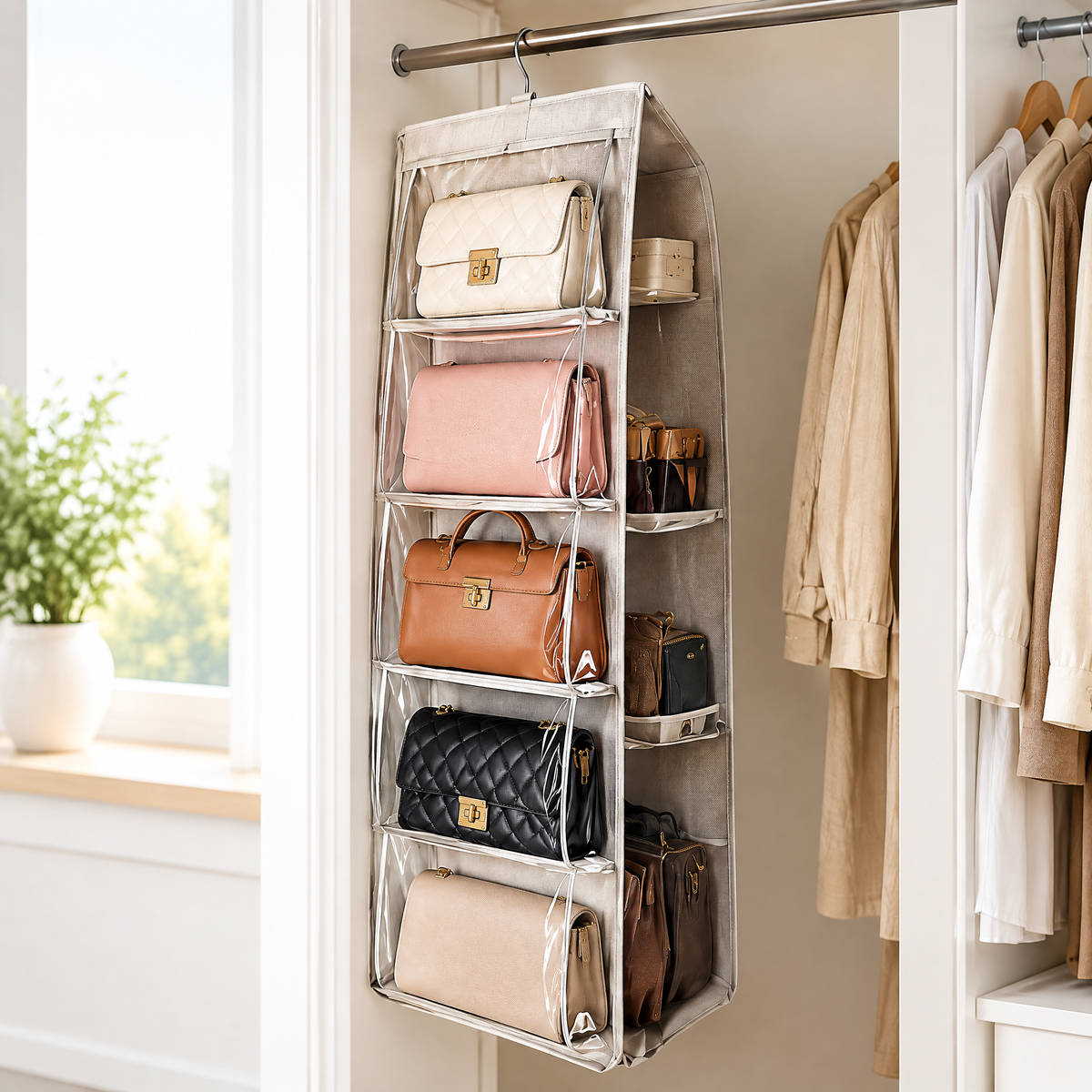 talyovo™ Hanging Handbag Organizer with Clear Pockets — Closet Purse, Clutch & Accessory Storage