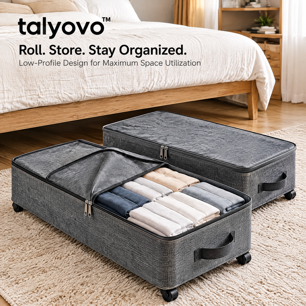 talyovo™ Rolling Under-Bed Storage Bins with Zippered Covers, 2-Pack — Low-Profile Clothing & Linen Organizers