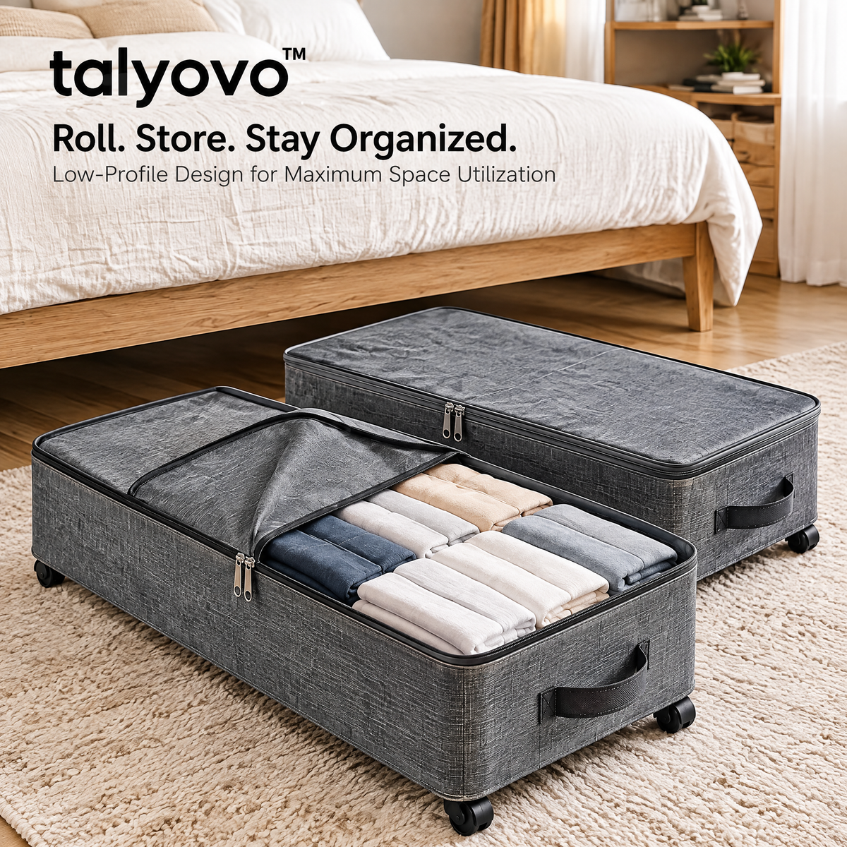 talyovo™ Rolling Under-Bed Storage Bins with Zippered Covers, 2-Pack — Low-Profile Clothing & Linen Organizers