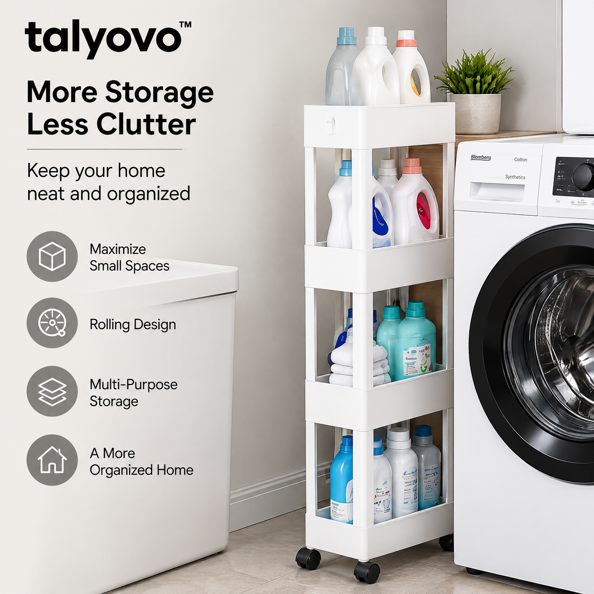 talyovo™ Slim 4-Tier Rolling Storage Cart — Narrow Kitchen, Bathroom & Laundry Room Organizer