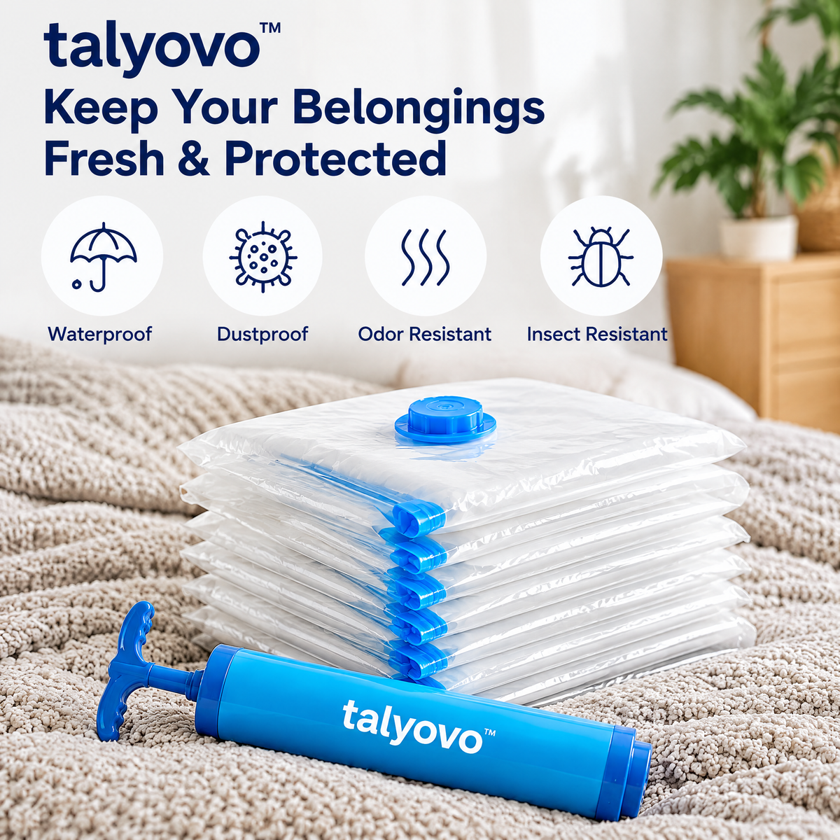 talyovo™ Vacuum Storage Bags with Hand Pump, 8-Pack — Space-Saving Clothing, Blanket & Bedding Organizers