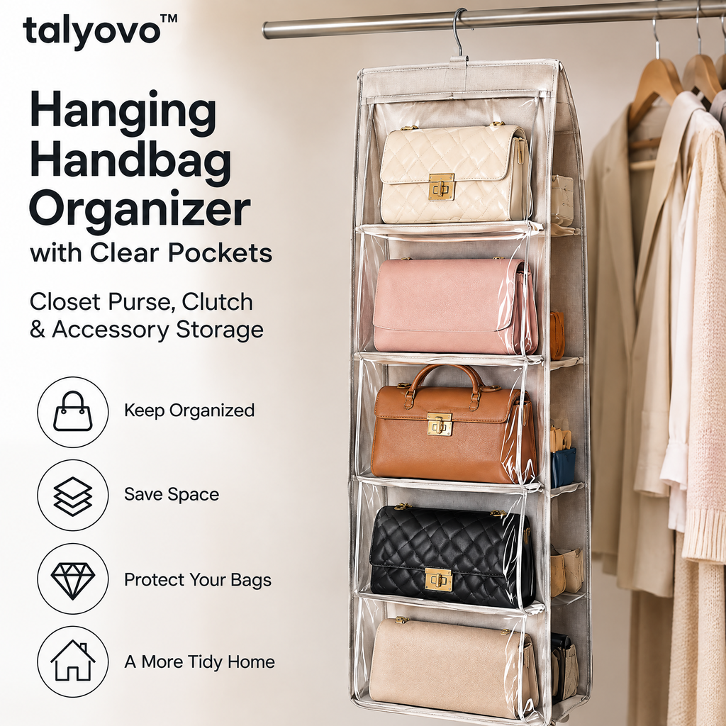 talyovo™ Hanging Handbag Organizer with Clear Pockets — Closet Purse, Clutch & Accessory Storage