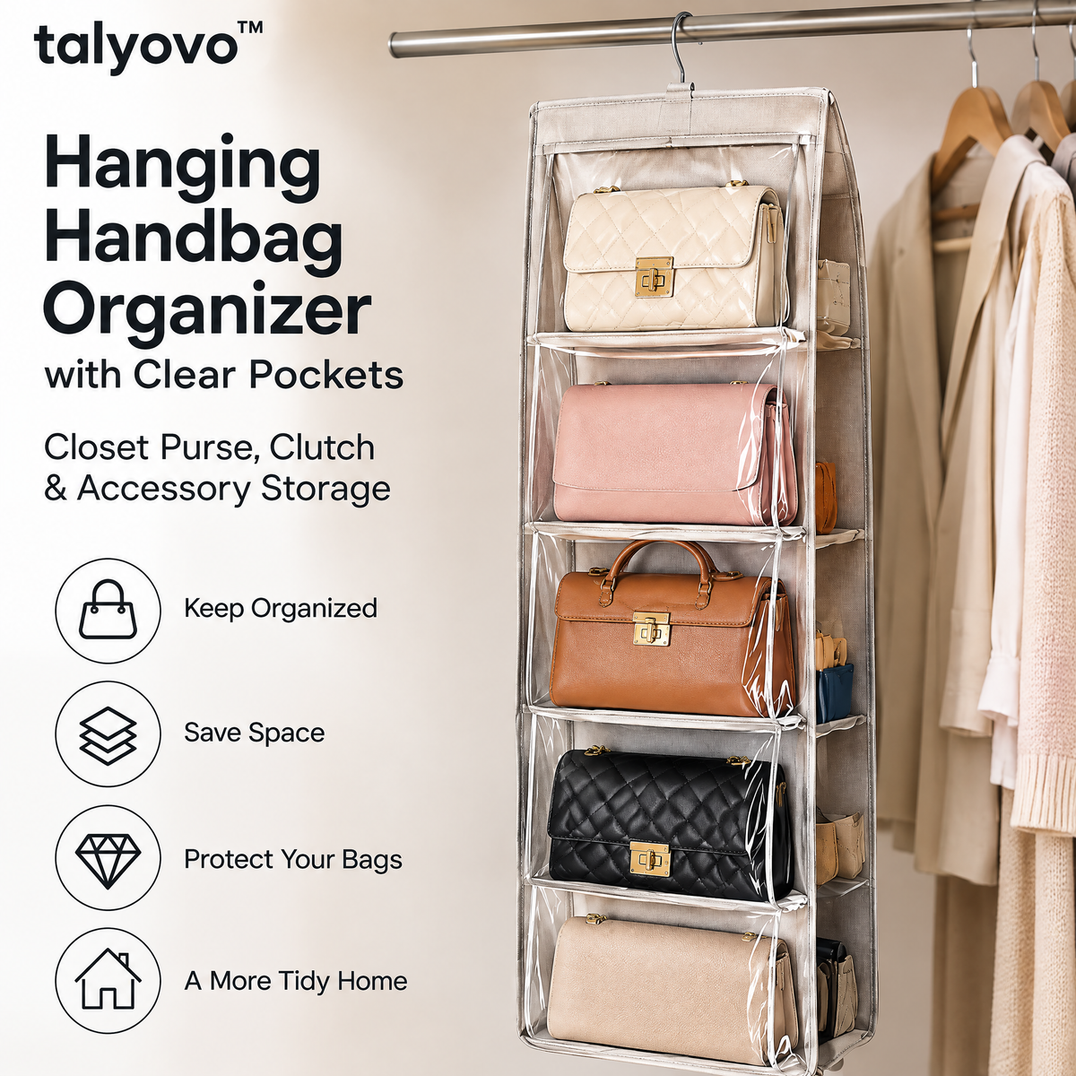 talyovo™ Hanging Handbag Organizer with Clear Pockets — Closet Purse, Clutch & Accessory Storage