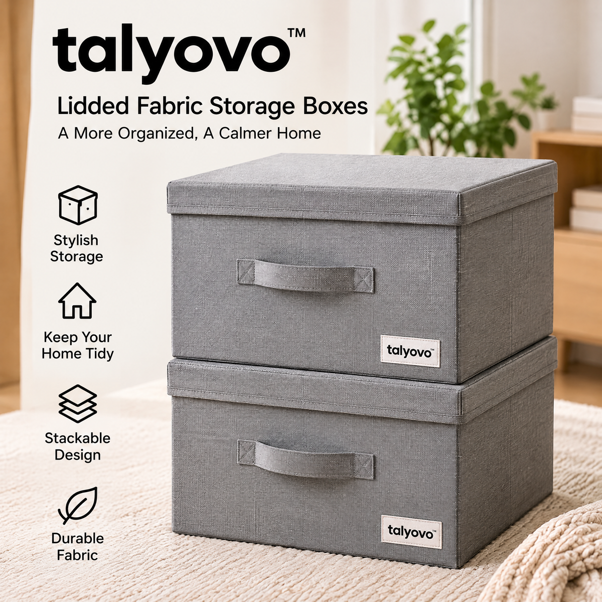 talyovo™ Lidded Fabric Storage Boxes, 2-Pack — Stackable Shelf Organizers for Clothing, Linens & Home Accessories