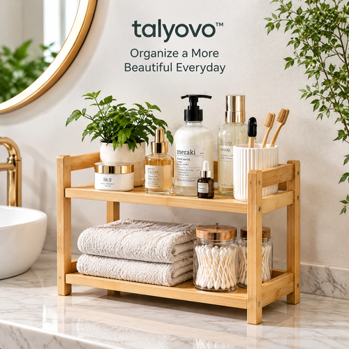 talyovo™ Bamboo Bathroom Countertop Organizer, 2-Tier — Vanity Shelf for Skincare, Toiletries & Hand Towels