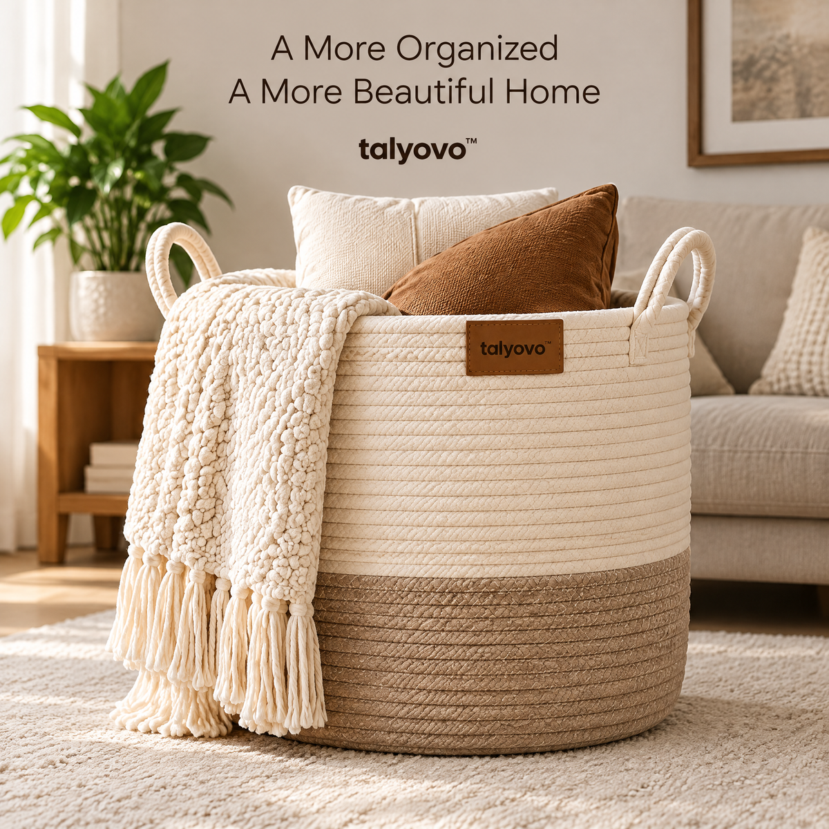 talyovo™ Cotton Rope Storage Basket with Handles — Decorative Blanket, Towel & Living Room Organizer
