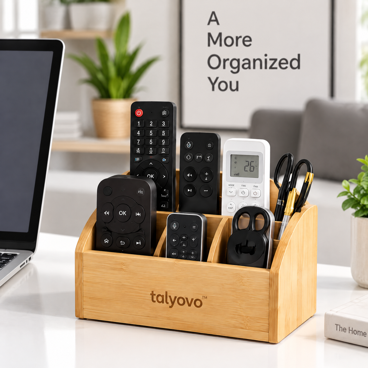 talyovo™ Bamboo Remote Control Caddy with Dividers — Tabletop Organizer for Living Room & Home Office