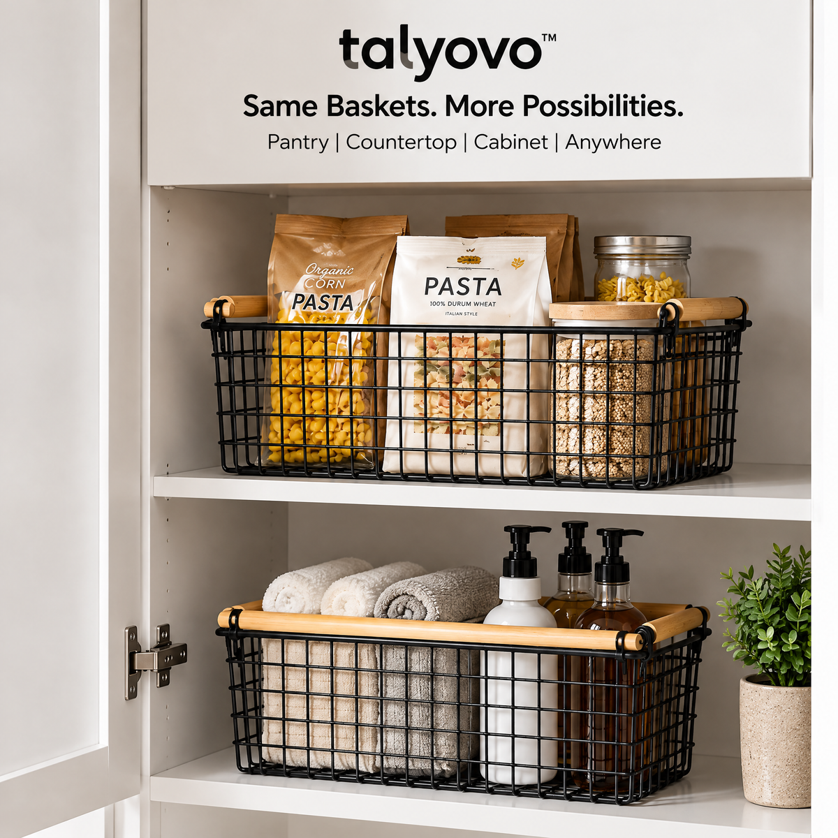 talyovo™ Wire Pantry Storage Baskets with Bamboo Handles, 2-Pack — Kitchen Cabinet & Countertop Organizers