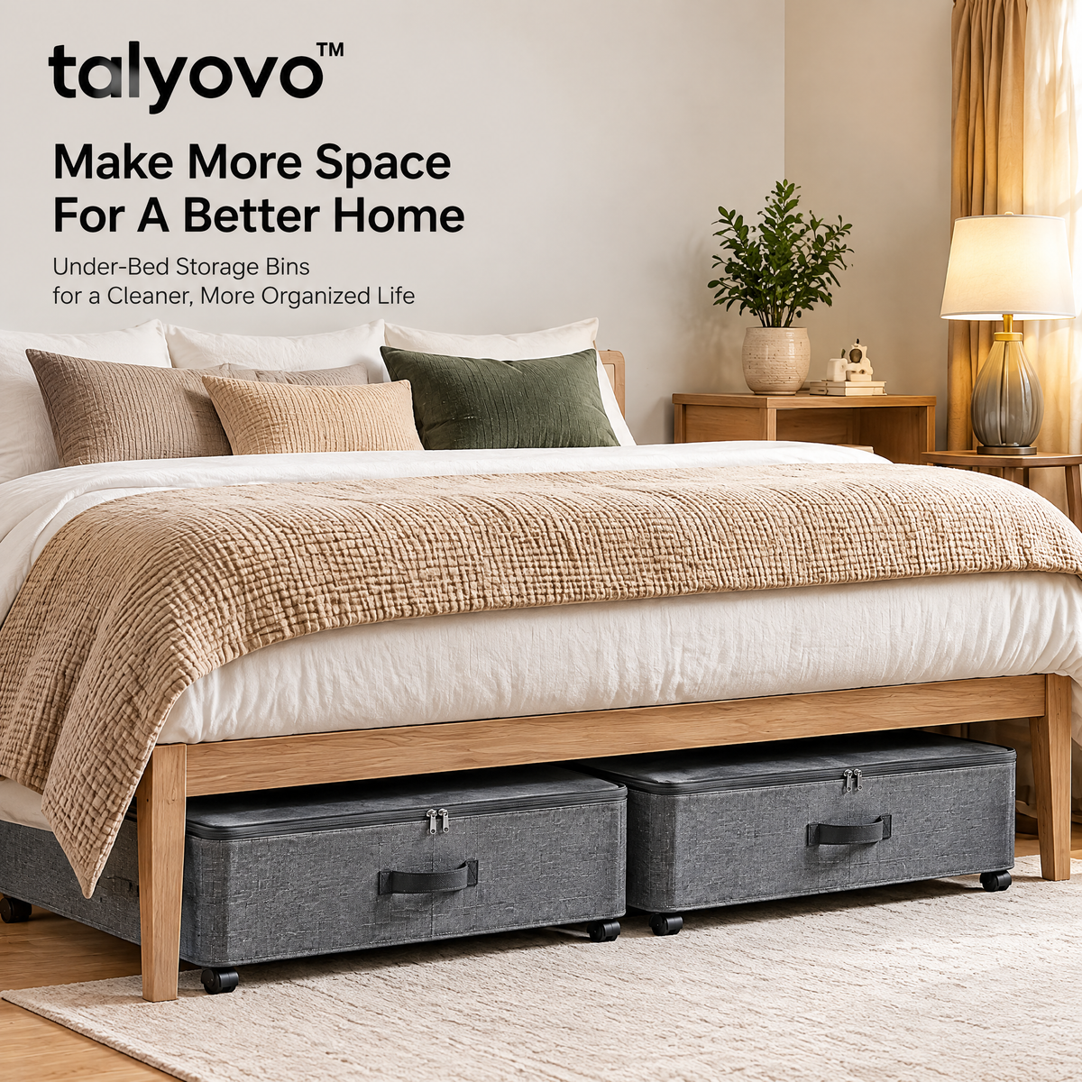talyovo™ Rolling Under-Bed Storage Bins with Zippered Covers, 2-Pack — Low-Profile Clothing & Linen Organizers