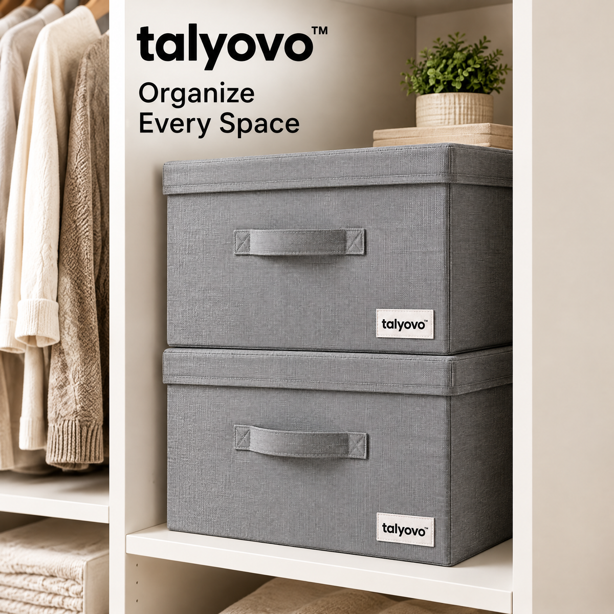 talyovo™ Lidded Fabric Storage Boxes, 2-Pack — Stackable Shelf Organizers for Clothing, Linens & Home Accessories