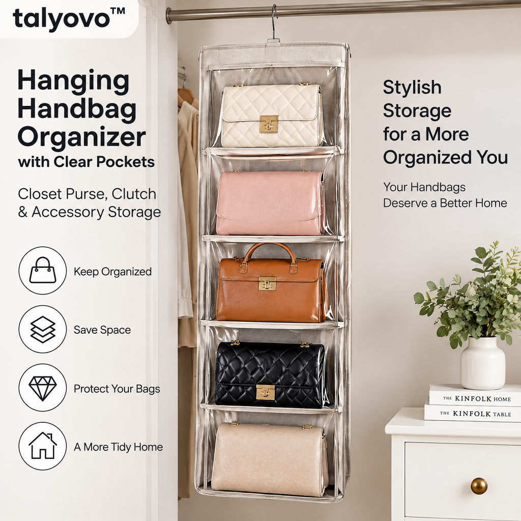 talyovo™ Hanging Handbag Organizer with Clear Pockets — Closet Purse, Clutch & Accessory Storage