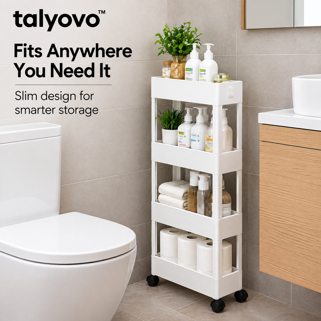 talyovo™ Slim 4-Tier Rolling Storage Cart — Narrow Kitchen, Bathroom & Laundry Room Organizer