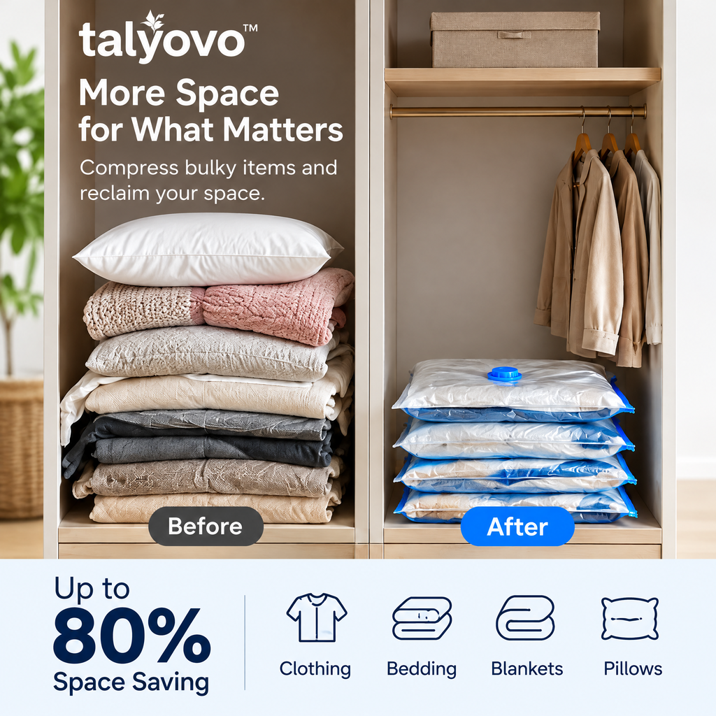 talyovo™ Vacuum Storage Bags with Hand Pump, 8-Pack — Space-Saving Clothing, Blanket & Bedding Organizers