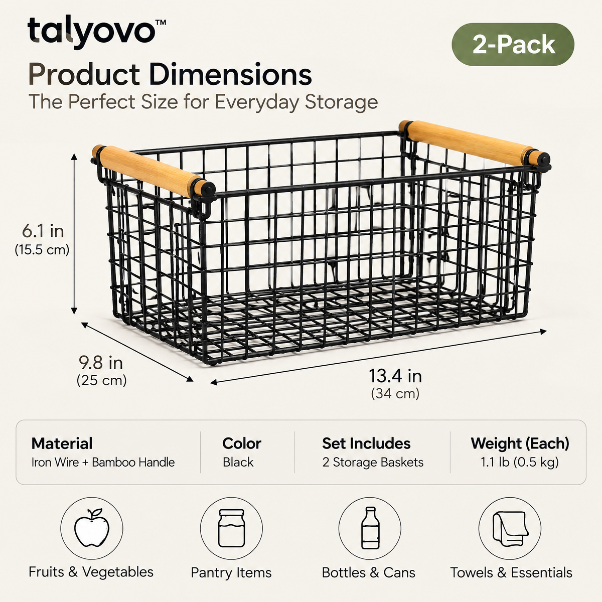 talyovo™ Wire Pantry Storage Baskets with Bamboo Handles, 2-Pack — Kitchen Cabinet & Countertop Organizers
