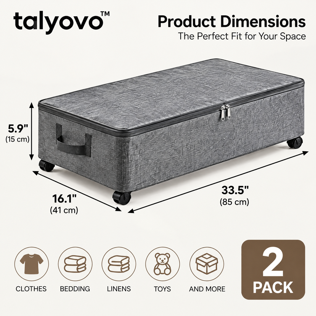 talyovo™ Rolling Under-Bed Storage Bins with Zippered Covers, 2-Pack — Low-Profile Clothing & Linen Organizers
