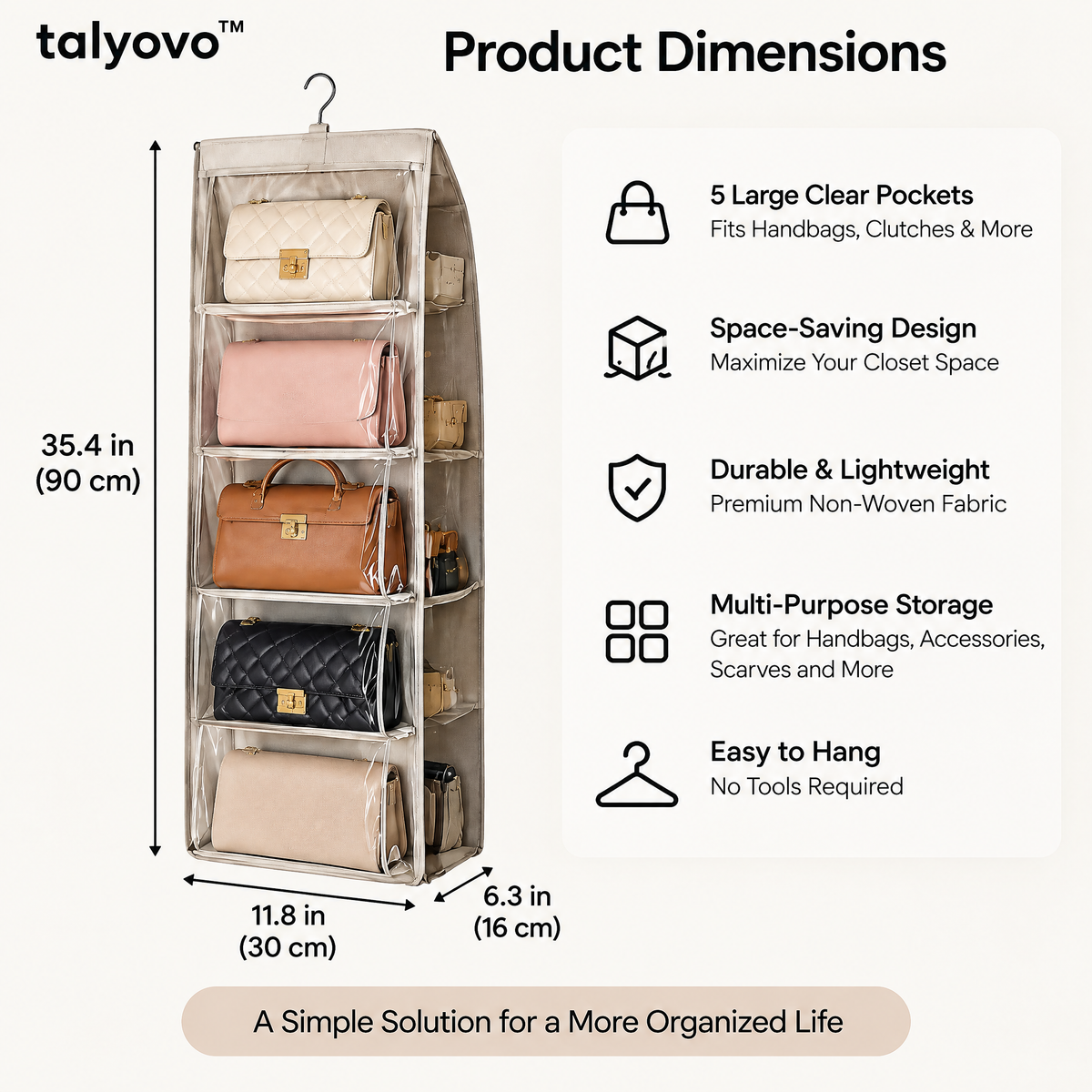talyovo™ Hanging Handbag Organizer with Clear Pockets — Closet Purse, Clutch & Accessory Storage